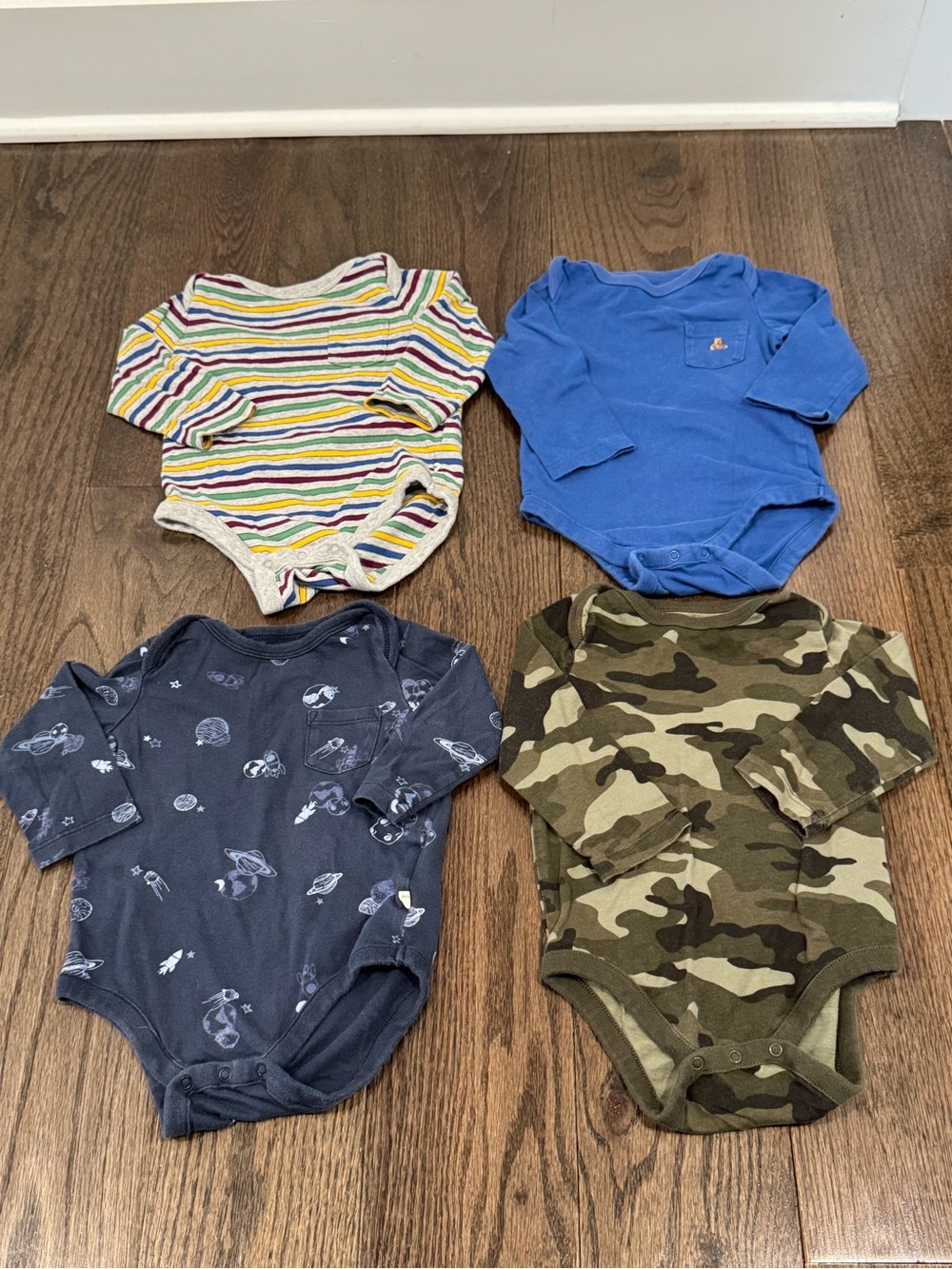 GAP Baby One-Piece Bodysuit Set of 4 - Blue, Navy space, Camo, Multicolor Stripe